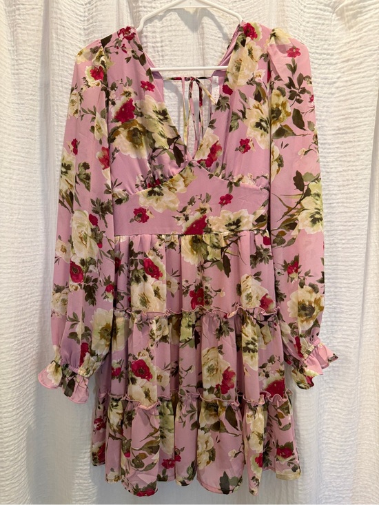 Lush Dresses & Skirts - LUSH Pink Floral Open Back Tiered Mini Dress Long Sleeve